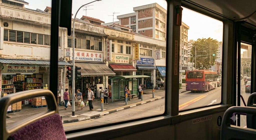 View from a Bus 111 window seat — Singapore street through the glass